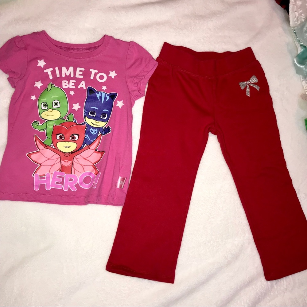4T PJ Masks Pink Shirt. Red Sweatpants